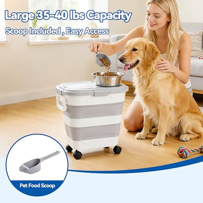 Dog Food Storage Container 30-40lbs, Airtight Pet Food Bin with Locking Lid & Clear Window, Collapsible Rolling Storage Container with Wheels & Scoop, Gray - color: Gray-L