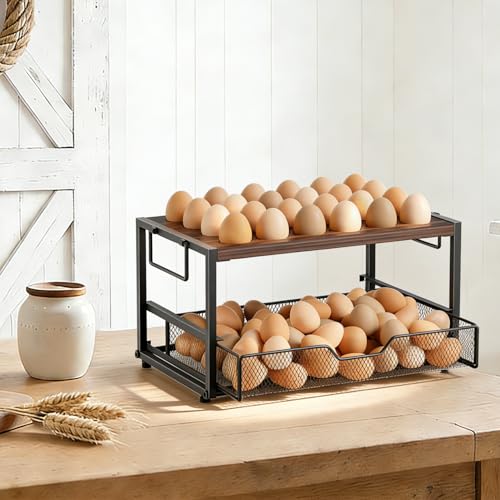 2-Tier Wooden Egg Holder Countertop with Basket – Holds 24+60 Chicken, Duck & Quail Eggs, Easter Eggs – Compact Countertop Holder with Carry Handle for Easy Transport - size: 2 Tiers