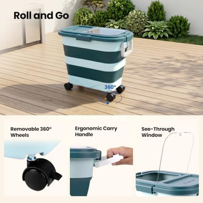 Wood Pellet Storage Container 30-40lbs, Airtight Bin with Locking Lid & Clear Window, Collapsible Pellet Bucket with Wheels, Scoop & Labels, Dark Green - color: Green-L