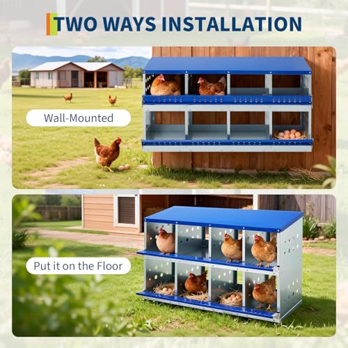 Chicken Nesting Box, 8 Compartment Nesting Boxes for Chickens, Durable Galvanized Steel, Ventilated with Dot Holes, Non-Slip, Wall Mountable Nesting Boxes for Chicken, Partitioned Design, Blue - size: 8 Compartment