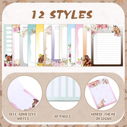 24 Pcs Horse Sticky Notes with Pens Themed Party Favors Gifts Cute Notepad Memo Notes Pads Black Ink Ballpoint Pen for Horse Lover Christmas Gifts Office School Students Teacher Supplies - style: Horse