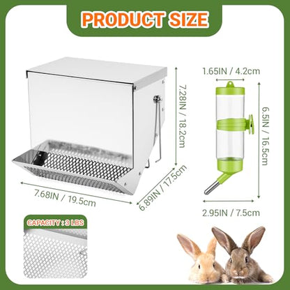 Rabbit Feeders Automatic for Cages,3.5 Pound Metal Trough Feeder with Water Bottle Galvanized Steel Outdoor Bunny Food Dispenser for Rabbits Chicken Guinea Pig Pet and Other Small Animals