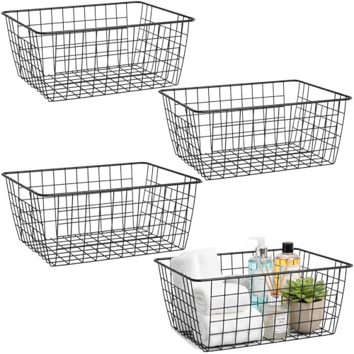 Metal Black Large Wire Basket Food Storage Organizer,pantry organizers and storage for Organizing Kitchen Cabinets potato onion, 4 Pack - color: Black, size: 4--Large