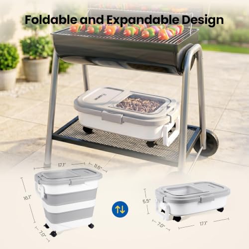 Wood Pellet Storage Container 30-40LB, Airtight Bin with Locking Lid & Clear Window, Collapsible Pellet Bucket with Wheels, Scoop & Labels, Light Gray - color: Light Gray-L