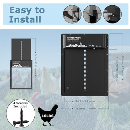 Automatic Chicken Coop Door with App Programmable, Solar/Battery/Grid Multi-Power Supply, Motion Sensor Anti-Pinch Safety System, Durable Weatherproof Aluminum Auto Door for Poultry - GRUBSFARM