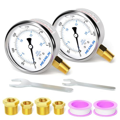 MEANLIN MEASURE 0~300Psi Stainless Steel 1/4" NPT 2.5" FACE DIAL Liquid Filled Pressure Gauge WOG Water Oil Air Lower Mount (Pack of 2), with 1/2" NPT and 3/8" NPT Hex Bushing - size: 0-300Psi (2Pcs)