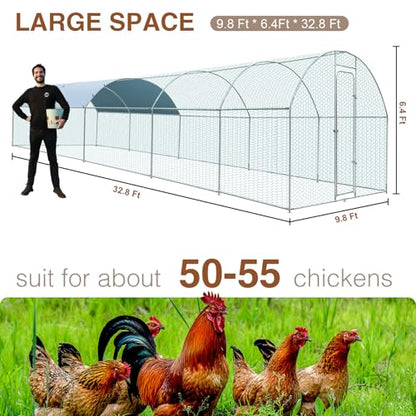 Extra Large Metal Chicken Coop for 50-55 Chickens, Walk-in Chicken Run, Chicken Pen Outdoor W/Cover, Waterproof & Anti-UV, 32.8' D x 9.8' W x 6.4' H, Wire Mesh Poultry Cage for Yard #LYJL10YD-US - size: 393.7"L x 118.1"W x 76.8"H, style: Dome Roof