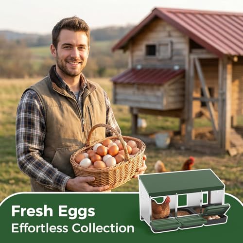 Metal Chicken Nesting Box – 3 Holes, Roll Away Egg Laying, Heavy Duty Galvanized Steel, Protective Lid, Wall Mounted or Freestanding, Easy Clean, Vented Pegboard Design, Green (Pegboard - color: Green, size: 3 Room&Mat Board