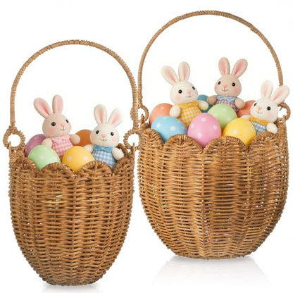 2 Pack Wicker Easter Basket, Scalloped Easter Baskets with Handle, Hand Woven Picnic Basket Rattan Storage Baskets for Egg Hunt Organizing Party Gifts Favors