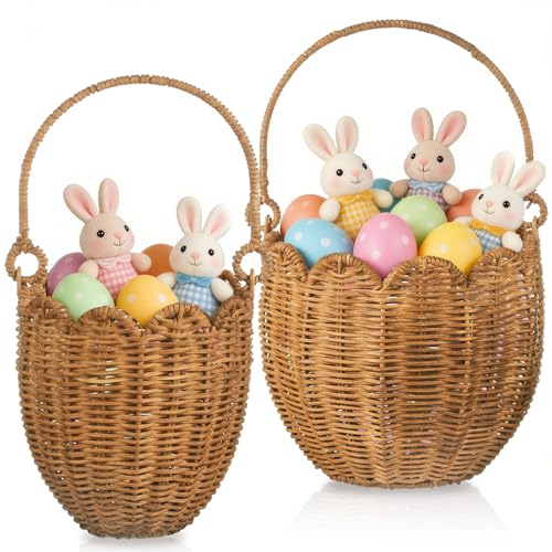 2 Pack Wicker Easter Basket, Scalloped Easter Baskets with Handle, Hand Woven Picnic Basket Rattan Storage Baskets for Egg Hunt Organizing Party Gifts Favors