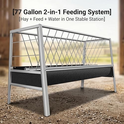77 Gallon Pasture Feeder 2-in-1 Hay Grain System Stainless Steel Frame Rubber Trough Waste-Reducing Design for Goats Sheep Horses Lamb