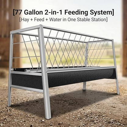 77 Gallon Pasture Feeder 2-in-1 Hay Grain System Stainless Steel Frame Rubber Trough Waste-Reducing Design for Goats Sheep Horses Lamb