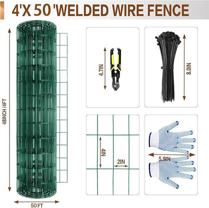 Tongmo 4 ft x 50 ft Green PVC Coated Welded Wire Fence, 16GA Garden Chicken Wire Fence Roll, Mesh Size 2" x 4" Hardware Cloth, Ideal for Yard Protection and Poultry Netting - color: Green, size: 4ft*50ft