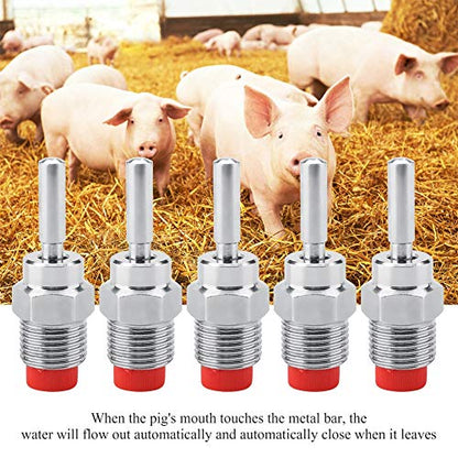 5Pcs Stainless Steel Automatic Nipple Drinker Feeder Waterer RedLong Rod for Sows Piglets