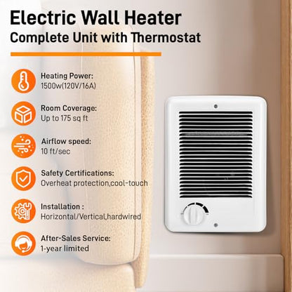 New Upgrade CSC151TW Electric Wall Heater - Fast & Efficient Heating with Built-in Thermostat, 1500W/120V, 5120 BTU, Complete Unit, White (White)