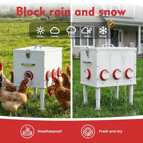 Automatic Chicken Feeder 50lbs Capacity Metal Chicken Feeder with 8 Ports No Waste Chicken Feeder Weatherproof Poultry Feeding Equipment with Handle, Locking Lid & Adjustable Legs for Outdoor
