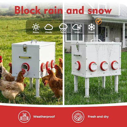 Automatic Chicken Feeder 50lbs Capacity Metal Chicken Feeder with 8 Ports No Waste Chicken Feeder Weatherproof Poultry Feeding Equipment with Handle, Locking Lid & Adjustable Legs for Outdoor