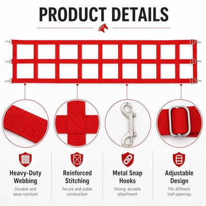 10 ft Adjustable Stall Guards for Horses Heavy Duty Polypropylene Webbing Stalls Guards Red Stall Gate with 6 Nails and 6 Hooks for Stables Barns Breeding to Keep Horse Securely