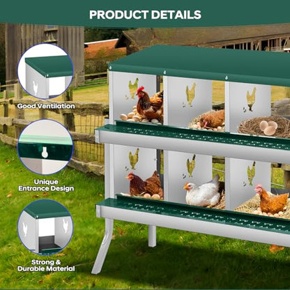 GarveeTech Chicken Nesting Box with Legs, 6 Compartment Metal Hen House, Elevated Design for Cleaner Eggs, Easy Egg Collection & Durable Poultry Nesting Solution - size: Green-6 Compartments with legs