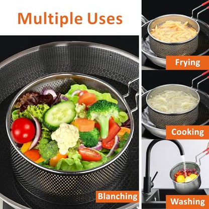 Deep Fryer Basket, 7.8''x4'' Fry Only, Round Stainless Steel Frying Baskets with Heat Resistant Silicone Handle, for Kitchen Cooking Strainer Colander, Serving Food, Ideal for Gift, 3-Quart - size: 7.8'' Deep Fry Basket