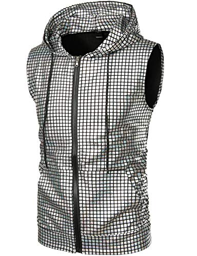 ZEROYAA Mens Shiny Metallic Zip Up Sleeveless Hooded Vest T Shirt with Kangaroo Pocket - color: Silver Sequin, size: Small