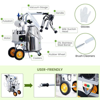 550W Electric Cow Milking Machine, 6.6 gal / 25L 304 Stainless Steel Bucket, Automatic Cow Milker with Vacuum Pulsation, 5-8 Cows Per Hour with Silicone Cups and Tubes, Wheels for Cows and Goats