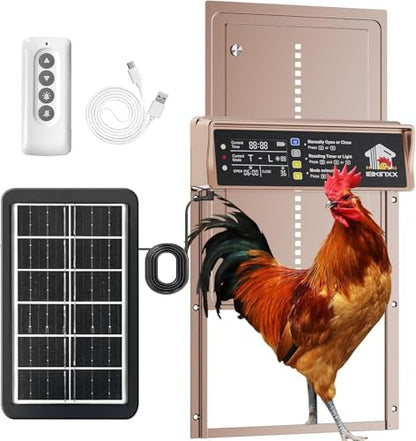 IBKINXX Automatic Chicken Coop Door Solar Powered, LCD Display with Timer & Light Sensor, 4 Modes Anti-Pinch & Weather Proof with Remote Control, Gold Door for Chickens, Ducks, Geese, Rabbits