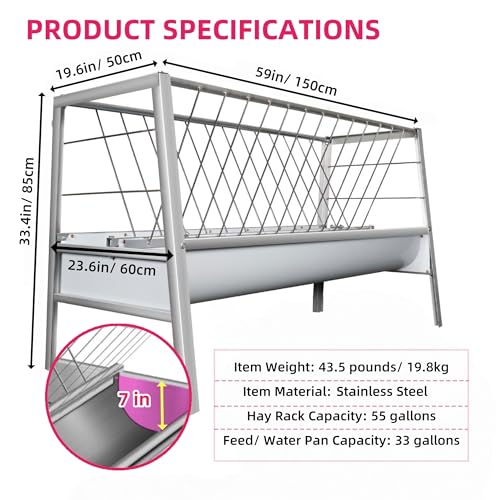 59" Livestock Hay Feeder 88 Gallon, Stainless Steel 2-in-1 Pasture Feeder Feeds 18 Goats, Durable Hay Rack with 7" Deep Feed Pan, Indoor & Outdoor Feeder for Sheep, Calf, Cow, Miniature Horse, Farm