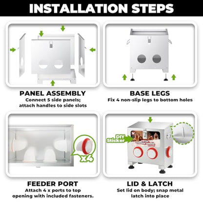 25 lbs 4-Port Automatic Chicken Feeder Box with Locking Lid&Riveted Handles,Chicken Feeder No Waste, Adjustable Legs for Chickens, Poultry Coop,Large Capacity Rainproof Metal Chicken Feeders - size: 25LBS