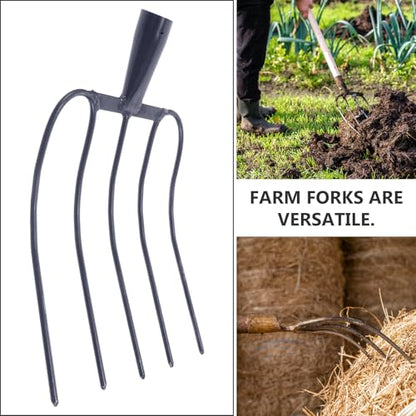 Handheld Manure Fork Solid Iron Farm Implement Grass Fork for Gardening, Composting, and Farm Use with Five-Prong Sturdy Design