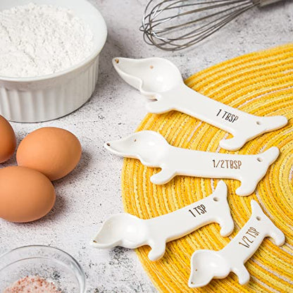 VOTUM White Dachshund Ceramic Measuring Spoon Set – Set of 4 Cute Weiner Dog Themed Kitchen Baking Tools – Gift for Dog Lovers - color: Dog Measuring Spoons
