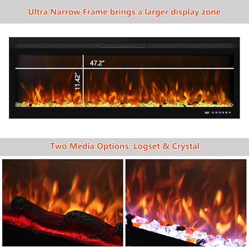 50 Inch Smart Electric Fireplace Insert with Heater, Recessed or Wall Mounted, Remote and App Control, 9H Timer, Adjustable Realistic Flame Effects, 1500W Heater - size: 50 Inch WiFi