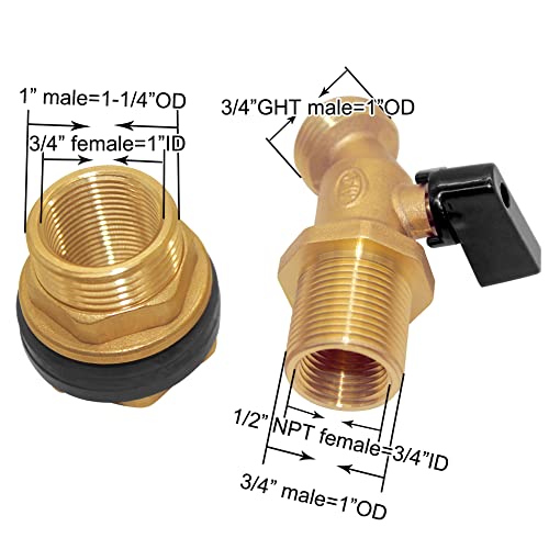 Joywayus Brass Water Container/Rain Barrel Spigot 3/4" Threaded Quarter Turn Ball Valve & 3/4" Female to 1" Male Threaded Bulkhead Fitting Water Tank Connector Fit for Garden Hose - style: Style 2