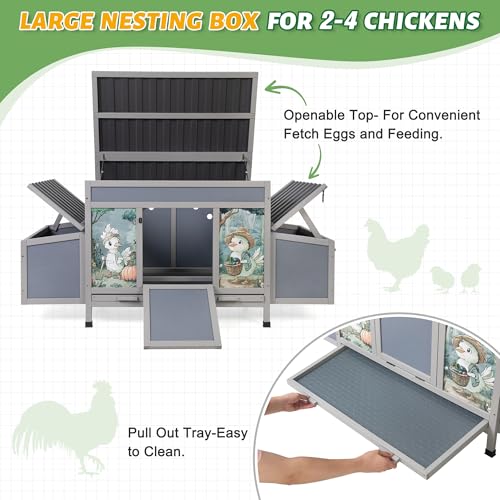 COZIWOW Chicken Coop with Nesting Boxes, 59'' Large Outdoor Poultry Hutch with 2 Perches, Weatherproof Wooden Hen House with Pull-Out Tray, Chicken Cage for Ducks & Rabbits, Gray