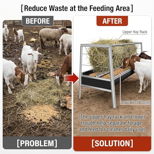 Livestock Hay Feeder, 2-in-1 Grain & Hay Feeder with Sturdy Frame for Goats Sheep