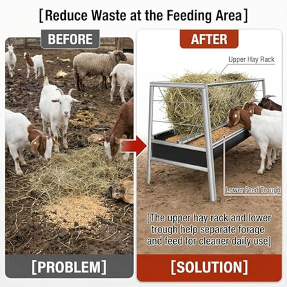 Livestock Hay Feeder, 2-in-1 Grain & Hay Feeder with Sturdy Frame for Goats Sheep