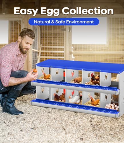 Garvee Chicken Nesting Box, 10 Compartment Metal Nesting Box,Wall Mount Chicken Nesting Boxes for Laying Eggs,Easy Egg Collection,10 Room Nest Boxes for Chickens - size: Blue 10 Compartment