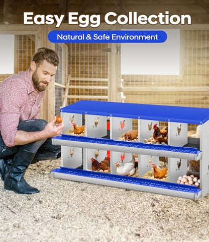 Garvee Chicken Nesting Box, 10 Compartment Metal Nesting Box,Wall Mount Chicken Nesting Boxes for Laying Eggs,Easy Egg Collection,10 Room Nest Boxes for Chickens - size: Blue 10 Compartment