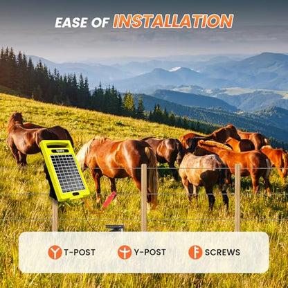 24 Hour Solar Electric Fence Charger, 20 Miles, Up to 10200v Output Range Electric Fence Charger, 0.32J Portable Energizer with Solar Panel for Livestock & Predator Protection - color: Yellow