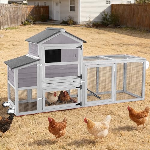 Chicken Coop with Run Mobile Large Chicken Coop with Wheels Duplex Chicken Cage with Slide-Out Tray Waterproof Roof Outdoor Backyard Hen House Grey - color: Grey