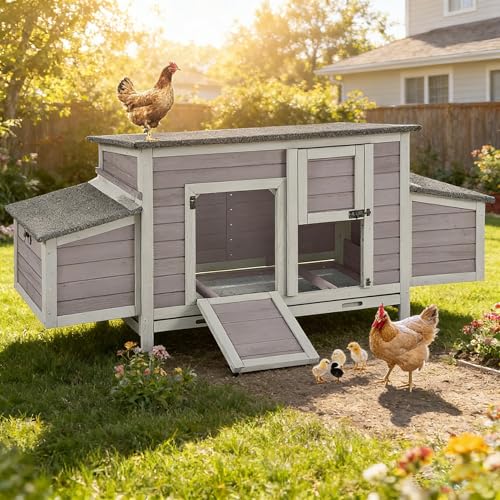 Aivituvin Chicken Coop with Two Nesting Boxes Large Wooden Hen House Outdoor Weatherproof Rabbit Hutch Duck Cage (AIR69) - color: Grey, size: AIR69