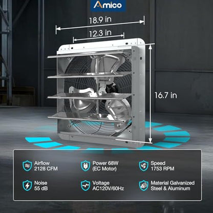 Amico 16" Smart Shutter Exhaust Fan with Thermostat & 8 Speed, 2128 CFM (Up to 3000 Sq.Ft), 68W Premium EC Motor, Wall Mount Garage/Attic/Greenhouse/Warehouse Vent Fan, Plug & Play, FCC - size: 16 inch