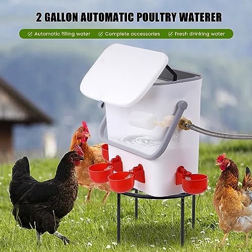 Automatic Water Dispenser for Chickens, 2 Gallons Float-Control Auto Waterer with 4 Water Cups, Chicken Drinker with Hose Attachment for Chicks, Gooses, Ducks, Turkeys