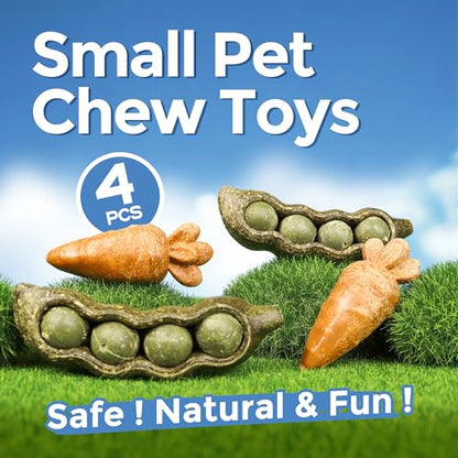 TEEWY 4PCS Guinea Pig Toys, Prevent Teeth Overgrowth, Natural Vegetables and Timothy Grass, Hamster Chew Toys, Chinchilla Toy, Peapod and Carrot Chew Toy Set - style: 4PCS-Peapod and Carrot
