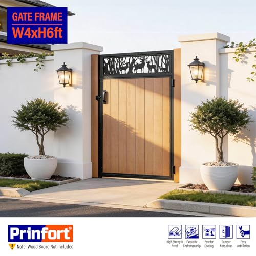 4x6FT (46.78"W X 70.8"H) 201 Stainless Steel Anti Sag Wooden Fence Gate Kit Heavy Duty Garden Gate Frame Hardware Kit Reinforcement (Left/Right Free-Installation) - size: W4xH6 FT-Deer