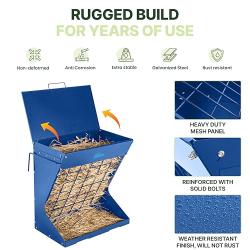 Wall Mount Hay Rack And Hay Feeder For Goats Sheep And Horses, Covered Galvanized Steel Goat Hay Feeder With Hinged Roof, 25 Gallon 2-In-1 No Waste Hanging Holder Grain Bin with hook For Cattle - color: Blue