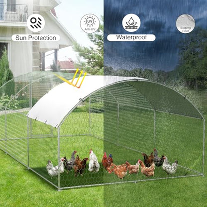 Large Metal Chicken Coop, Metal Chicken Run with Waterproof and Anti-Ultraviolet Cover for Outside, 9.8 x 19.7 x 6.5 Ft Walk-in Poultry Cage, Outdoor Chicken Pen for Backyard and Farm - size: 9.8 x 19.7 x 6.6 ft