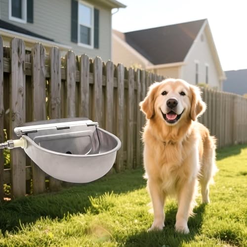 Stainless Steel Automatic Livestock Waterer Dog Waterer Bowl Upgraded Bottom Drain Hole with Water Hose (3/4'') and Float Valve and Two Expansion Screws, for Cattle Horse Goat Sheep Animals Pet