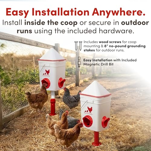 RentACoop 25lb BPA-Free Chicken Feeder with 4 Large Ports - Includes Lid, Anti-Roost Cone, Rain Hoods, and Custom Adjustable Stand - Large Capacity No-Waste Poultry Feeder - Center Placement