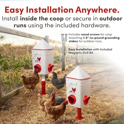 RentACoop 25lb BPA-Free Chicken Feeder with 4 Large Ports - Includes Lid, Anti-Roost Cone, Rain Hoods, and Custom Adjustable Stand - Large Capacity No-Waste Poultry Feeder - Center Placement